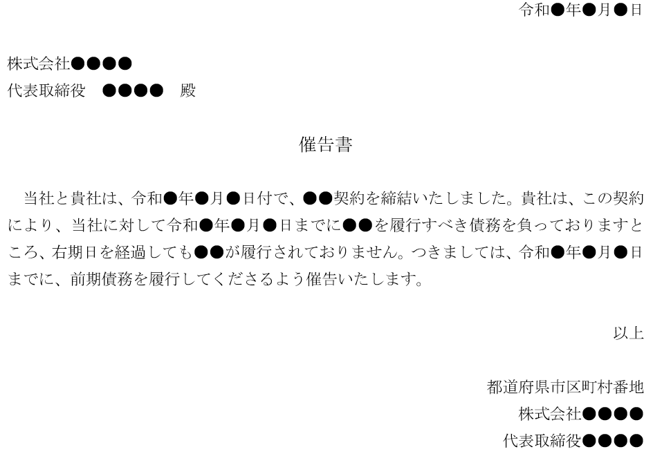 契約解除書面のテンプレート【履行の催告のみ】