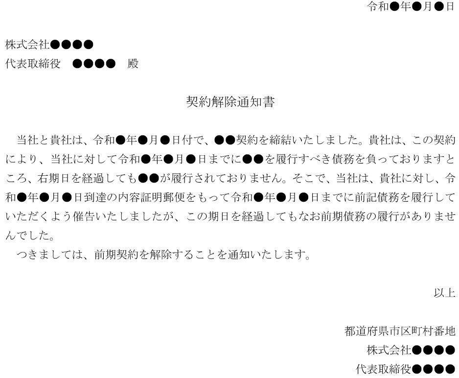 契約解除書面のテンプレート【催告後の解除】